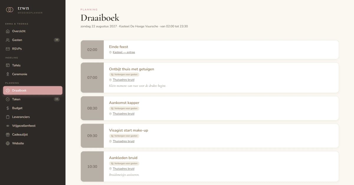 Draaiboek van een trouwdag in de online weddingplanner tool van trwn, met tijdblokken per onderdeel