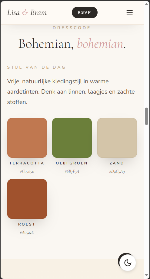 Dresscode met kleurenpalet op de trouwwebsite