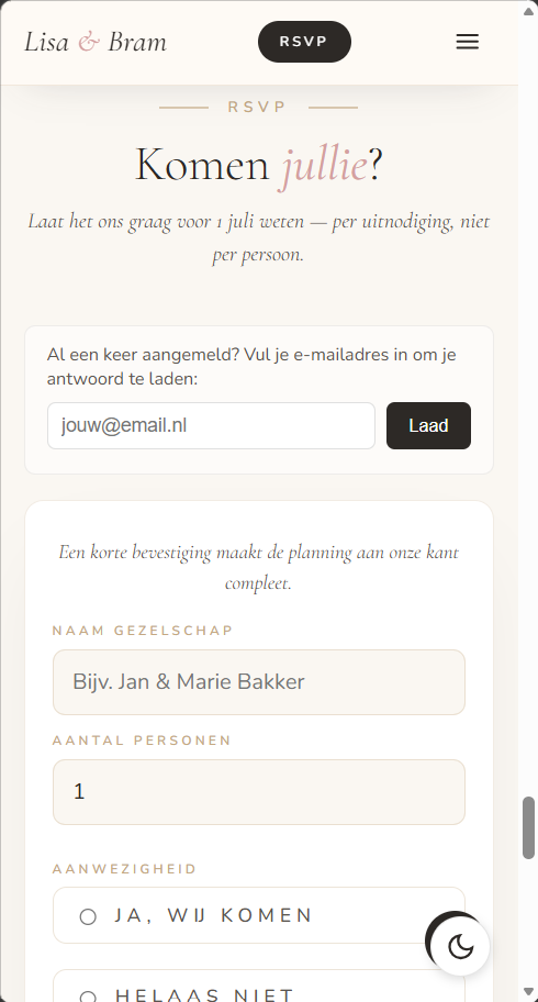 RSVP-formulier op de trouwwebsite